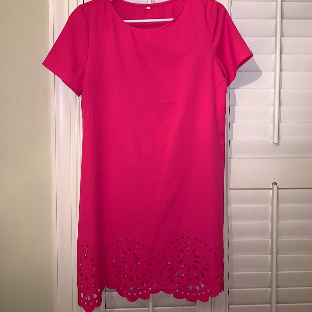 Hot pink short sleeve dress with cut out trim size small